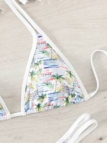 Swim Mod Summer Beach Palm Tree & Boat Print Bikini Set Halter Triangle Bra & Bikini Bottom 2 Piece Bathing Suit - Multicolor - View 5