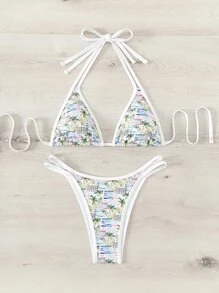 Swim Mod Summer Beach Palm Tree & Boat Print Bikini Set Halter Triangle Bra & Bikini Bottom 2 Piece Bathing Suit - Multicolor - View 1