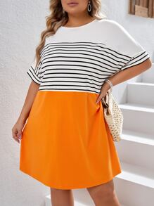 SHEIN VCAY Plus Striped Print Batwing Sleeve Dress - Multicolor - View 6