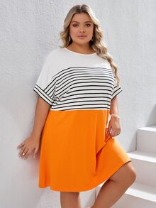 SHEIN VCAY Plus Striped Print Batwing Sleeve Dress - Multicolor - View 3