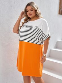 SHEIN VCAY Plus Striped Print Batwing Sleeve Dress - Multicolor - View 5