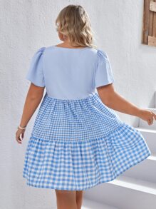 Dreamara 大碼格子圖案荷葉邊連衣裙 - 藍白色 - 查看 2