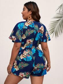 SHEIN VCAY Plus Tropical Print Plunging Neck Romper - Multicolor - View 2