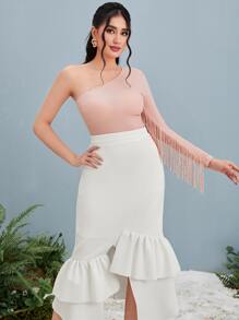 Modelyn One Shoulder Fringe Trim Slim Tee - Baby Pink - View 1