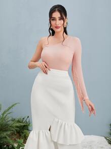 Modelyn One Shoulder Fringe Trim Slim Tee - Baby Pink - View 3