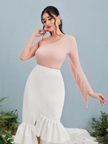Modelyn One Shoulder Fringe Trim Slim Tee - Baby Pink - View 4