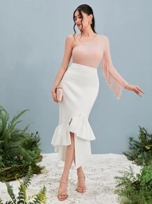 Modelyn One Shoulder Fringe Trim Slim Tee - Baby Pink - View 5