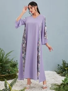 Al Najma Paisley Print Panel Tassel Detail Kaftan - Lilac Purple - View 1