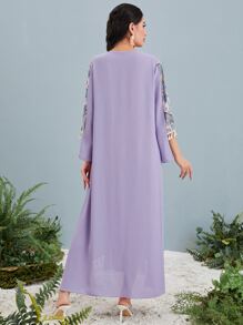 Al Najma Paisley Print Panel Tassel Detail Kaftan - Lilac Purple - View 2