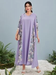 Al Najma Paisley Print Panel Tassel Detail Kaftan - Lilac Purple - View 3
