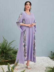 Al Najma Paisley Print Panel Tassel Detail Kaftan - Lilac Purple - View 4