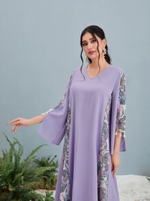 Al Najma Paisley Print Panel Tassel Detail Kaftan - Lilac Purple - View 5