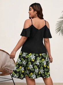 SHEIN VCAY Plus Cold Shoulder Top & Tropical Print Skirt - Multicolor - View 2