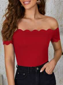 SHEIN Clasi 一字肩貝殼邊T恤 - 酒紅色 - 查看 3