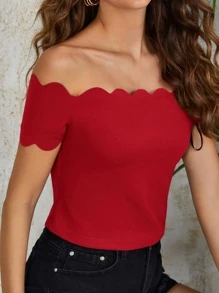 SHEIN Clasi 一字肩貝殼邊T恤 - 酒紅色 - 查看 4