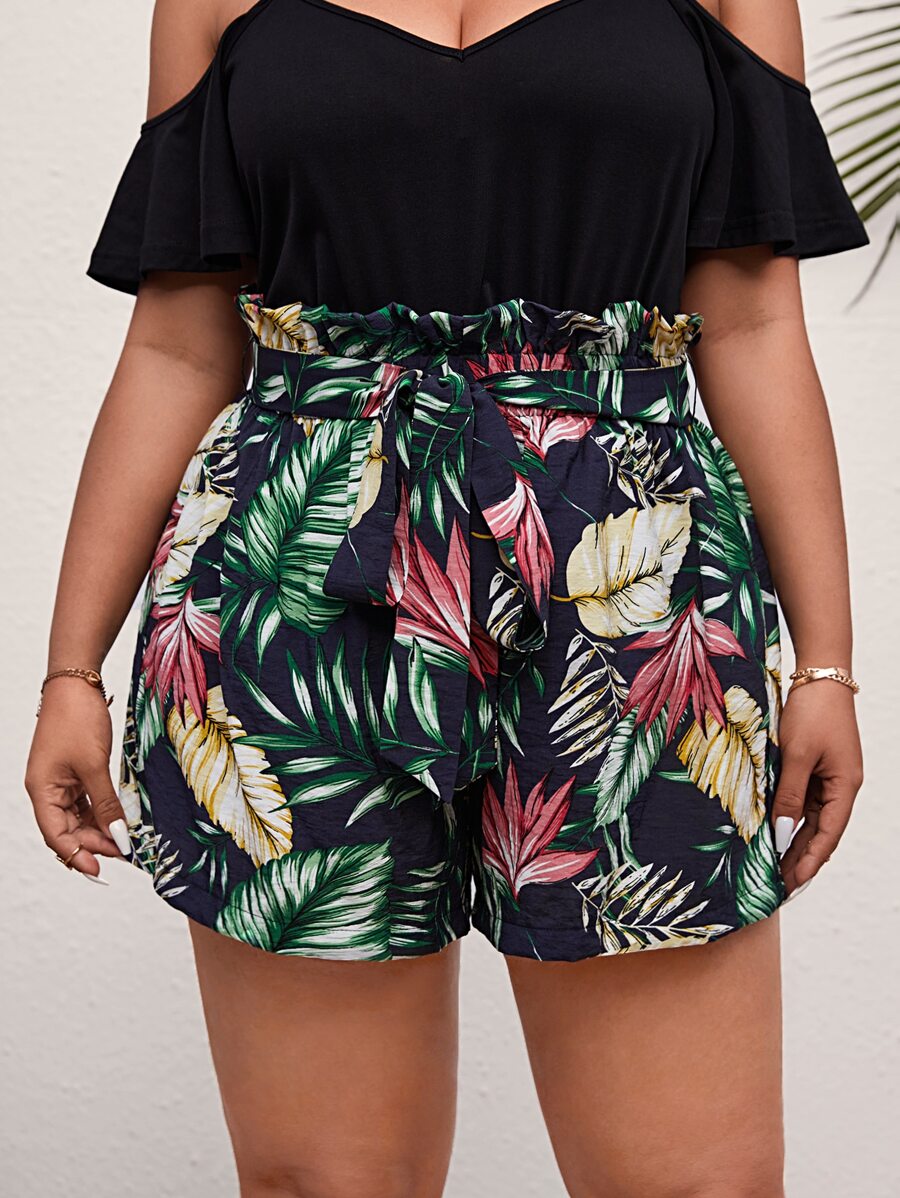 SHEIN VCAY Plus Tropical Print Paperbag Waist Belted Shorts - Multicolor - View 1