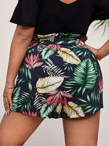 SHEIN VCAY Plus Tropical Print Paperbag Waist Belted Shorts - Multicolor - View 2