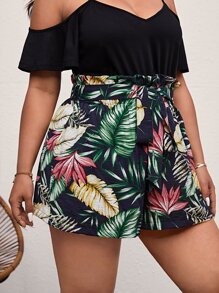 SHEIN VCAY Plus Tropical Print Paperbag Waist Belted Shorts - Multicolor - View 4