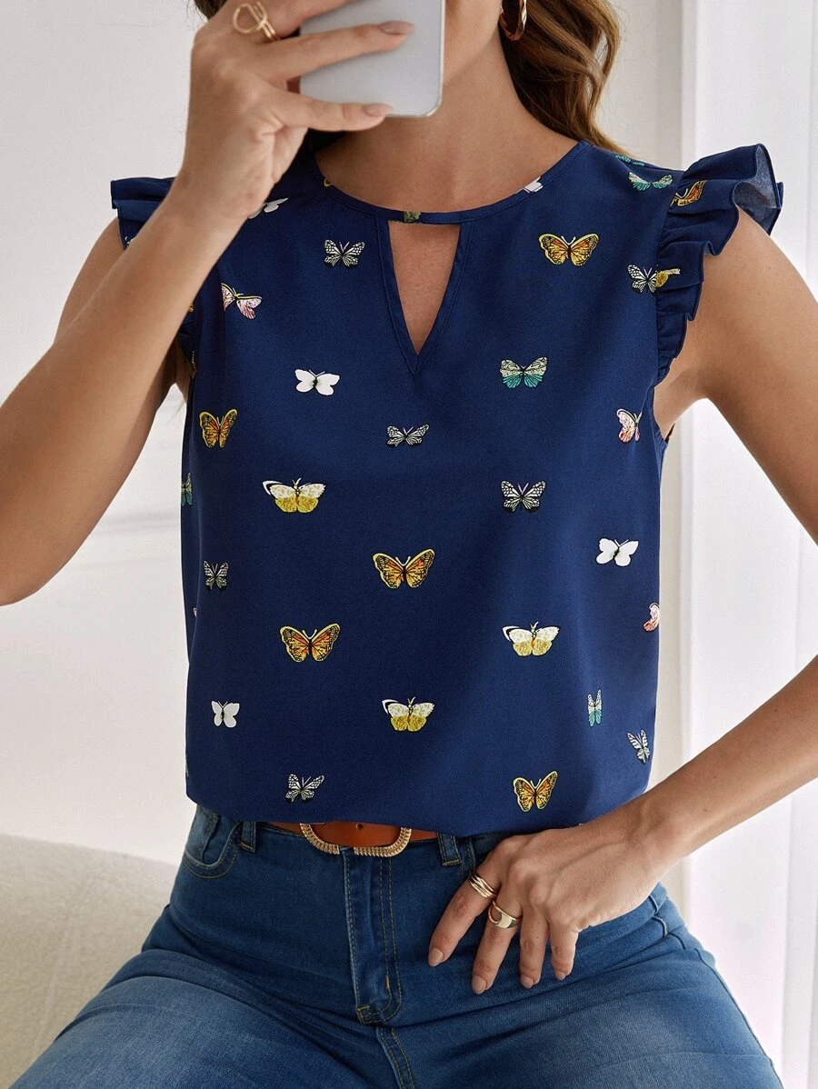 SHEIN Clasi Butterfly Print Ruffle Trim Blouse - Navy Blue - View 1