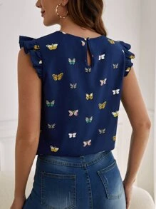 SHEIN Clasi Butterfly Print Ruffle Trim Blouse - Navy Blue - View 2