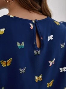SHEIN Clasi Butterfly Print Ruffle Trim Blouse - Navy Blue - View 3
