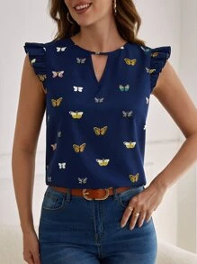 SHEIN Clasi Butterfly Print Ruffle Trim Blouse - Navy Blue - View 4