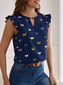 SHEIN Clasi Butterfly Print Ruffle Trim Blouse - Navy Blue - View 5