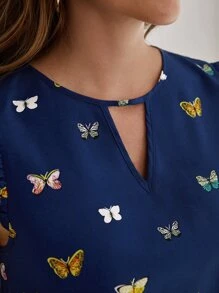 SHEIN Clasi Butterfly Print Ruffle Trim Blouse - Navy Blue - View 6