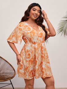 SHEIN VCAY Plus Tie Dye Flounce Sleeve Dress - Multicolor - View 1