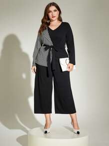 Modelyn Plus Houndstooth Print Belted Jumpsuit - Black and White - View 1
