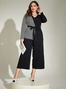 Modelyn Plus Houndstooth Print Belted Jumpsuit - Black and White - View 3