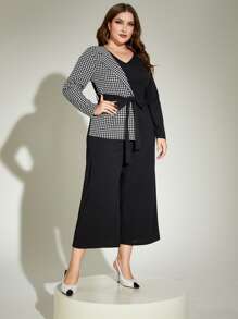 Modelyn Plus Houndstooth Print Belted Jumpsuit - Black and White - View 4