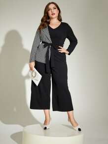 Modelyn Plus Houndstooth Print Belted Jumpsuit - Black and White - View 7