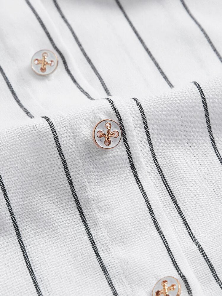 SHEIN MOD כפתורים קדמיים פסים קז'ואל חולצות לנשים - לבן - ראה 4