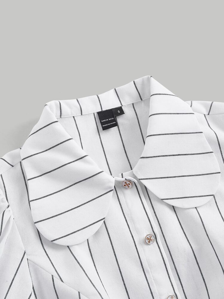 SHEIN MOD כפתורים קדמיים פסים קז'ואל חולצות לנשים - לבן - ראה 3