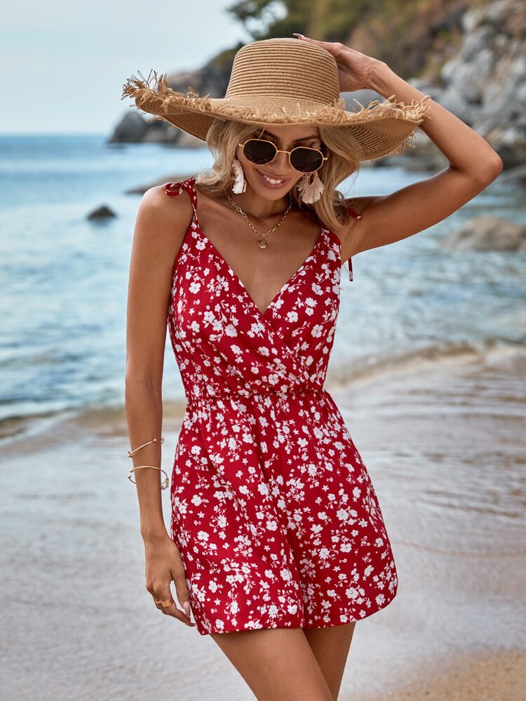 SHEIN VCAY 小碎花肩上打結吊帶連體短褲 - 紅色 - 查看 7