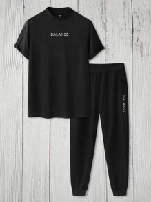 Manfinity Homme 男士字母图案 T 恤和运动裤，休闲男友礼物 - 黑色 - 查看 3