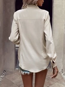 EMERY ROSE Camisa abotonada con bajo curvo sólido - Albaricoque - Ver 2