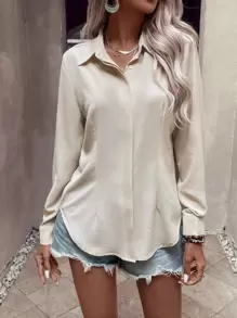 EMERY ROSE Camisa abotonada con bajo curvo sólido - Albaricoque - Ver 6