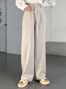 DAZY 抽绳腰阔腿裤，女式慢跑裤 - 杏色 - 查看 5