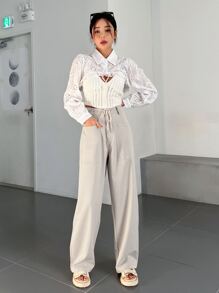 DAZY 抽绳腰阔腿裤，女式慢跑裤 - 杏色 - 查看 8