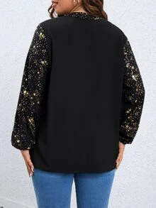 SHEIN LUNE Plus Star Print Half Zip Blouse - Black - View 2