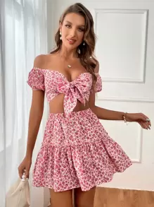 SHEIN VCAY Ditsy Floral Print Knot Front Crop Top & Ruffle Hem Skirt - Multicolor - View 1