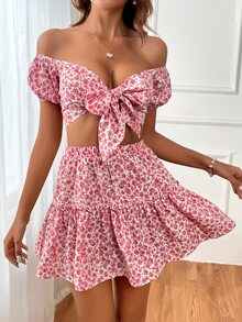 SHEIN VCAY Ditsy Floral Print Knot Front Crop Top & Ruffle Hem Skirt - Multicolor - View 5
