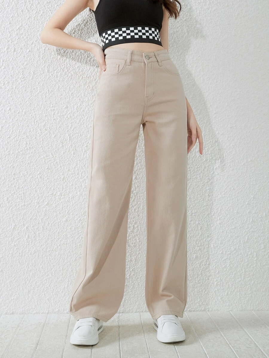 SHEIN Teen Girls Slant Pocket Straight Leg Jeans - Apricot - View 1