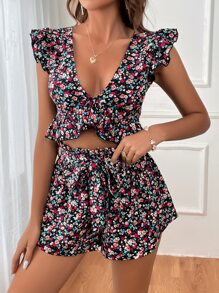 SHEIN VCAY Ditsy Floral Print Ruffle Trim Crop Top & Shorts - Multicolor - View 4