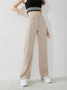 SHEIN Teen Girls Slant Pocket Straight Leg Jeans - Apricot - View 3