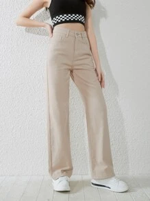 SHEIN Teen Girls Slant Pocket Straight Leg Jeans - Apricot - View 5