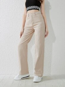 SHEIN Teen Girls Slant Pocket Straight Leg Jeans - Apricot - View 6