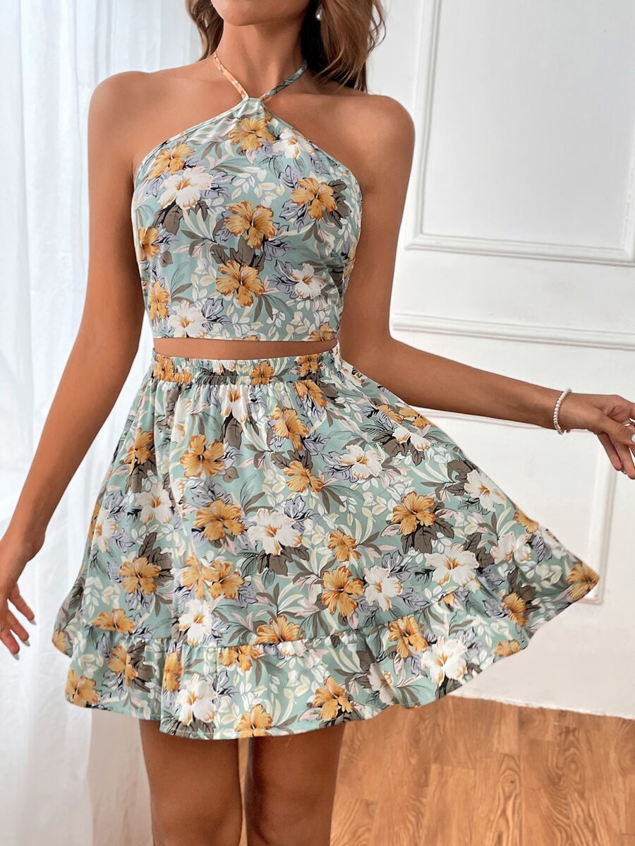 Soleia Floral Print Tie Backless Halter Top & Skirt - Multicolor - View 1